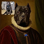 A majestic black dog sits upright on a beige carpet, looking straight at the camera with soulful eyes. The background shows a cozy gray armchair with a textured beige blanket draped over it, creating a warm indoor setting.