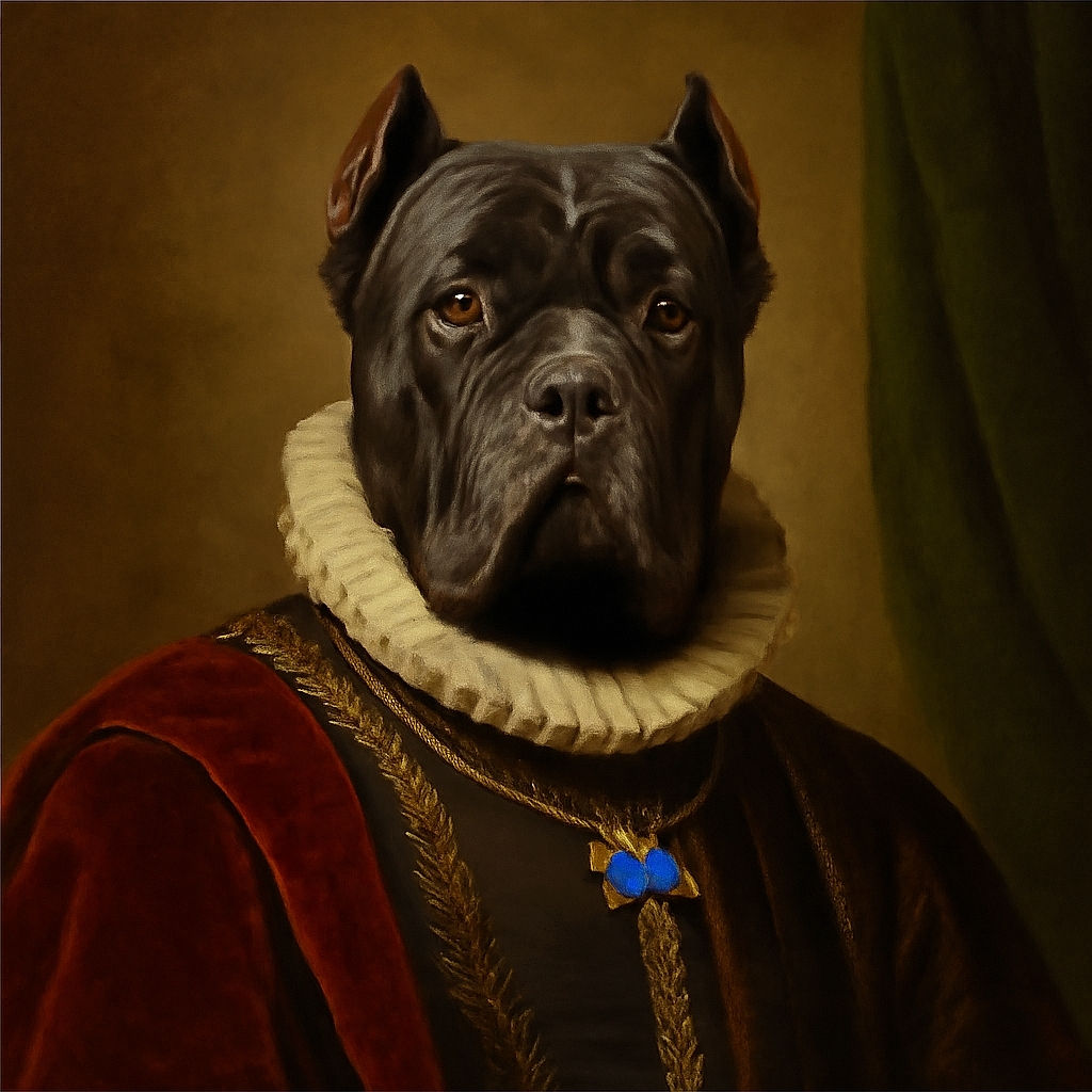 A majestic black dog sits upright on a beige carpet, looking straight at the camera with soulful eyes. The background shows a cozy gray armchair with a textured beige blanket draped over it, creating a warm indoor setting.