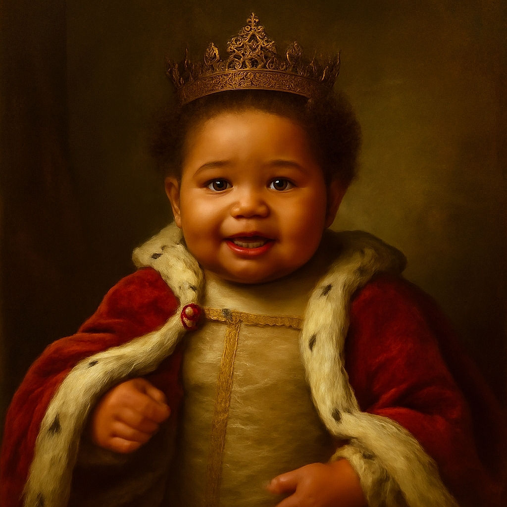 A joyful baby with curly hair and bright eyes is sitting in a high chair wearing a pink bib with the name 'Xaya' on it, surrounded by a cozy kitchen setting with wooden cabinets and a tiled floor.