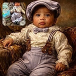 A charming baby dressed in a vintage-inspired outfit with suspenders and a bow tie lounges comfortably on a cozy blanket, next to a fluffy blue Easter bunny plush inside a pastel Easter basket filled with colorful eggs.