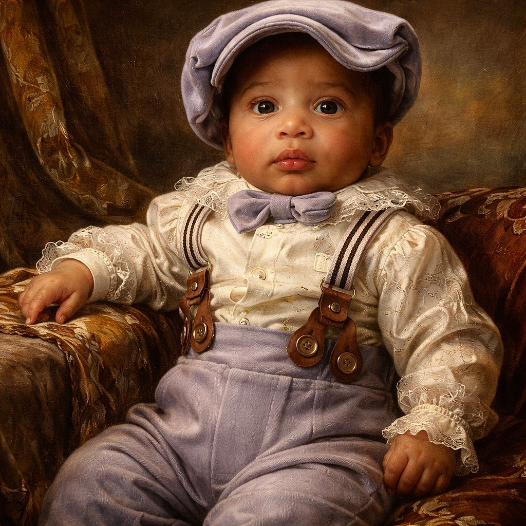 A charming baby dressed in a vintage-inspired outfit with suspenders and a bow tie lounges comfortably on a cozy blanket, next to a fluffy blue Easter bunny plush inside a pastel Easter basket filled with colorful eggs.