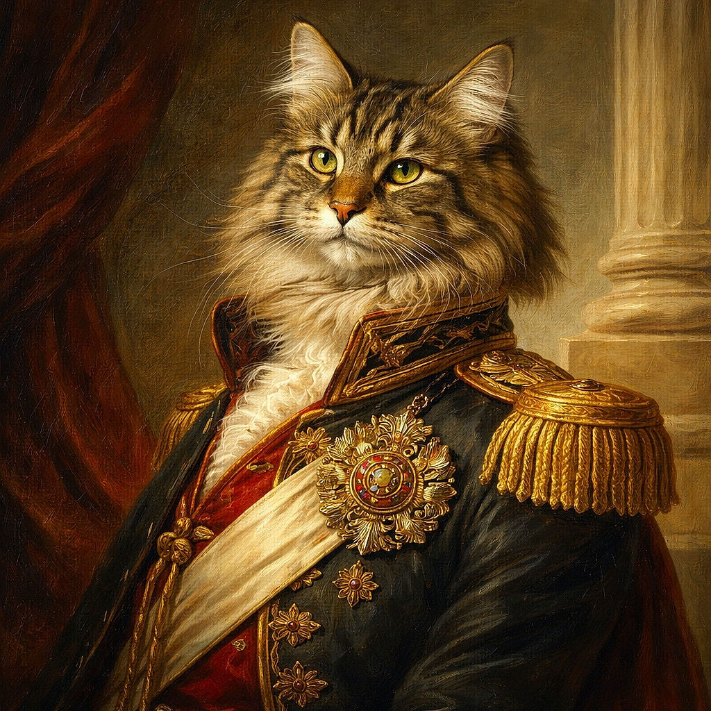 A fluffy tabby cat lounges on a tiled floor, looking curiously towards the camera with its majestic mane and striped fur catching the light softly in a cozy indoor setting.
