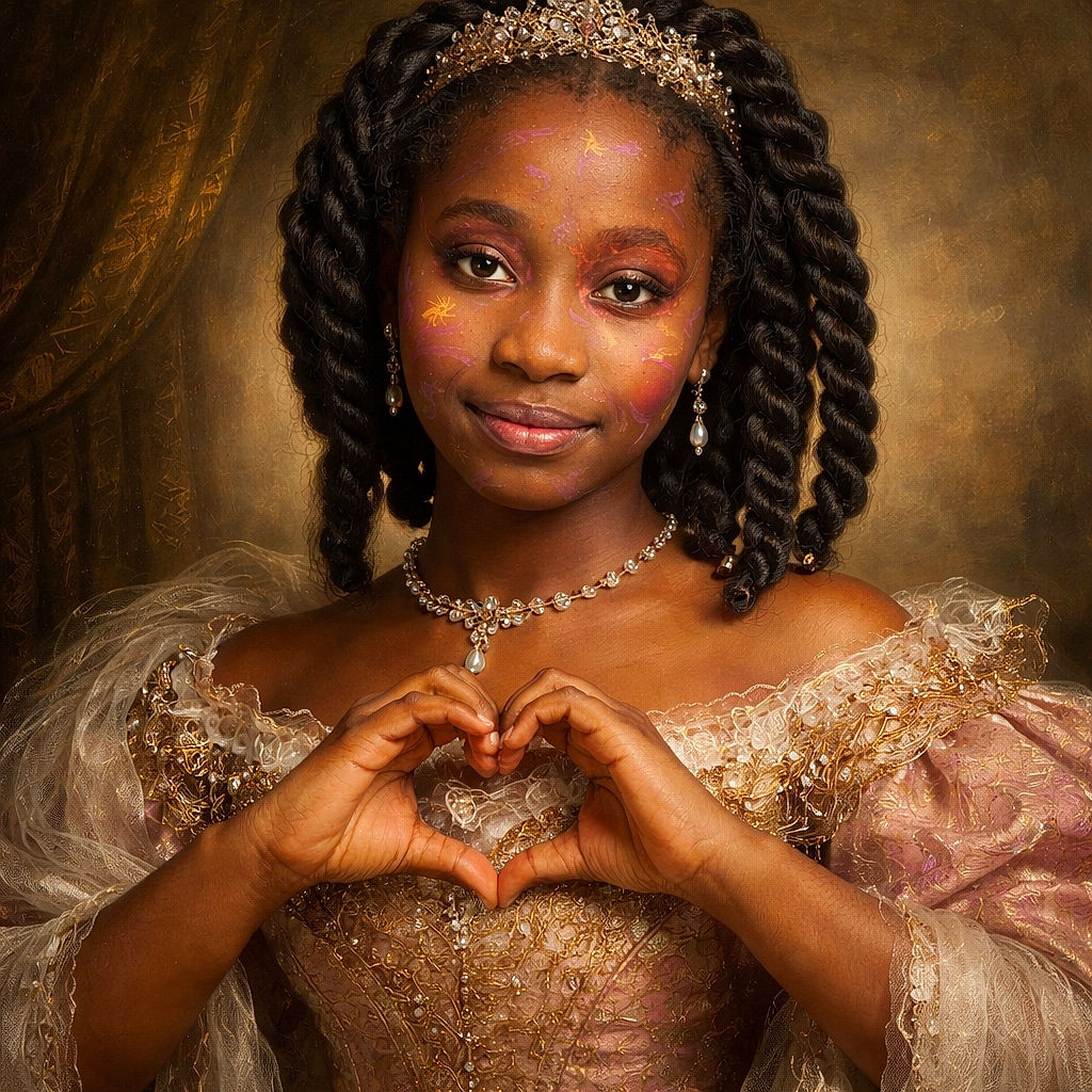 A gleeful young girl with colorful face paint and chunky braids makes a perfect heart with her hands — part artist, part model, all charm, as if she painted her own superhero mask and posed for the press.