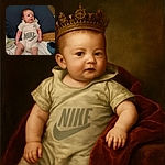 A chubby-cheeked baby lounges comfortably on a bed, dressed in a beige Nike onesie, with a curious gaze and a slight smile. The background includes cozy pillows and baby essentials, creating a warm, homey vibe.