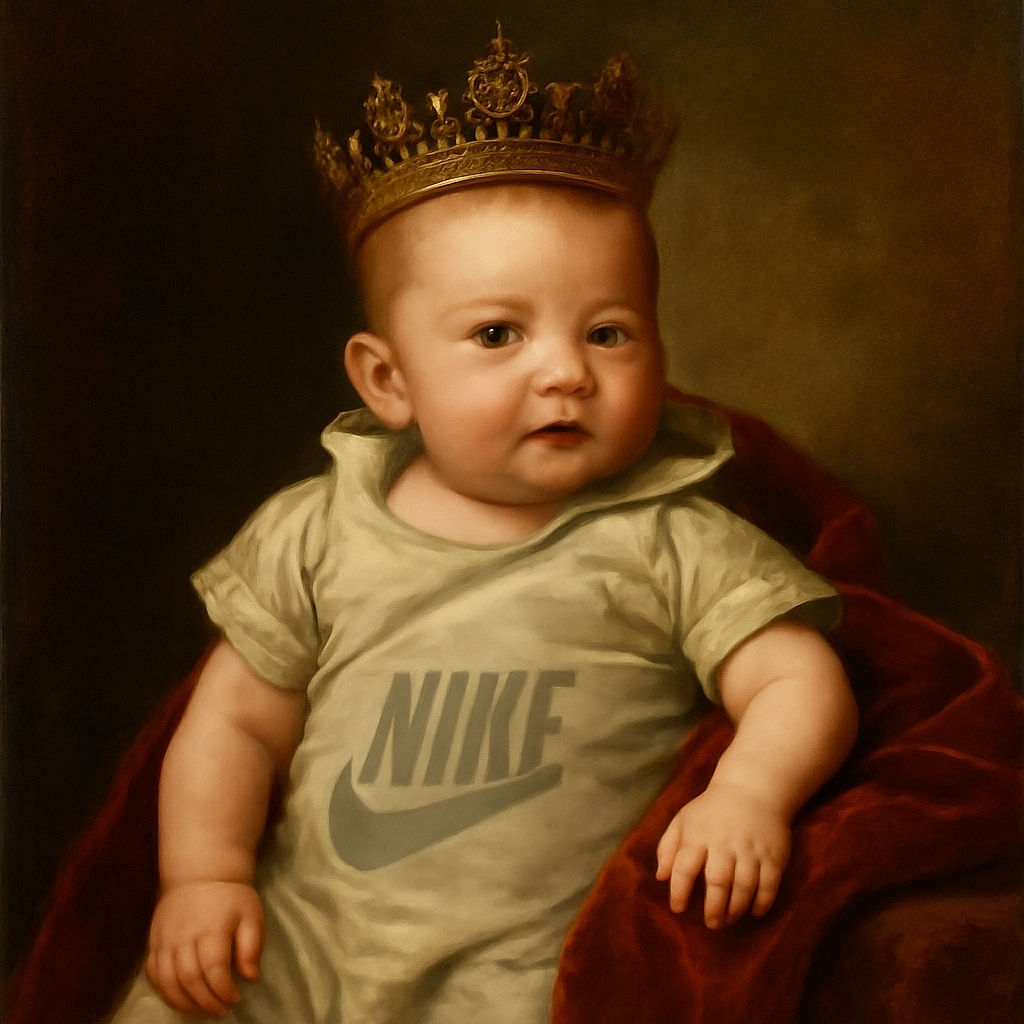A chubby-cheeked baby lounges comfortably on a bed, dressed in a beige Nike onesie, with a curious gaze and a slight smile. The background includes cozy pillows and baby essentials, creating a warm, homey vibe.
