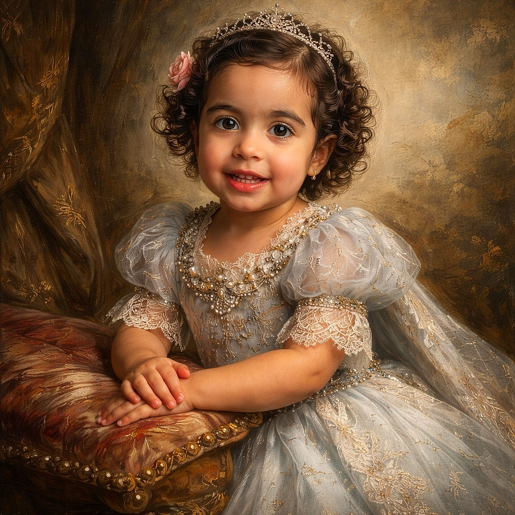 A cheerful toddler with curly hair and a pink hair clip is sitting on a concrete surface by the water, wearing a cute denim dress decorated with small bows. The cloudy sky and calm sea create a serene backdrop, while the child's bright smile lights up the scene.