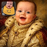 A happy baby with a messy face sits in a high chair wearing a bright yellow bib with a big smiley face, looking delighted and ready for more food adventures.