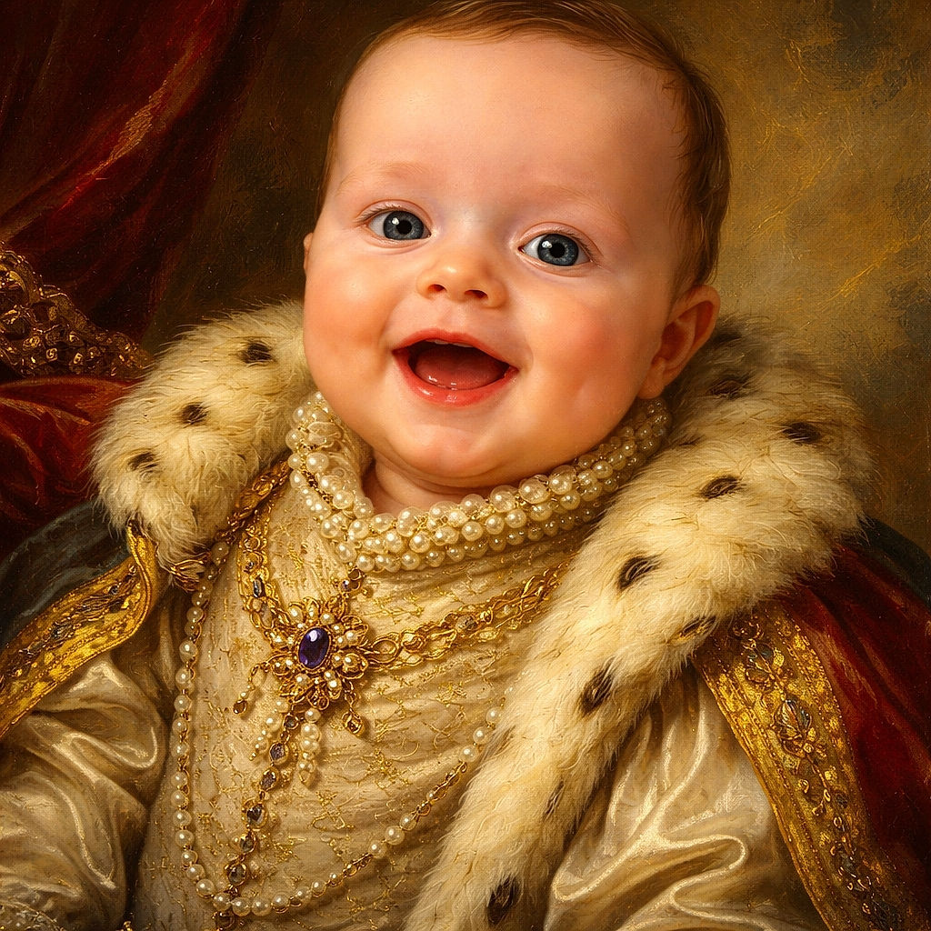 A happy baby with a messy face sits in a high chair wearing a bright yellow bib with a big smiley face, looking delighted and ready for more food adventures.