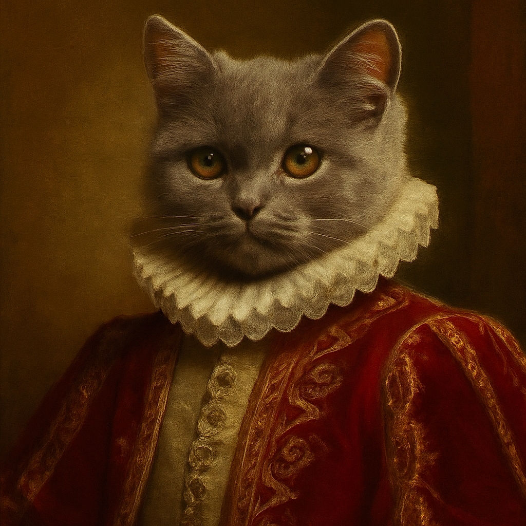 A curious gray kitten with big round eyes is reaching out with its paw over a striped fabric surface, set against a cozy indoor background with framed art and a golden lamp.