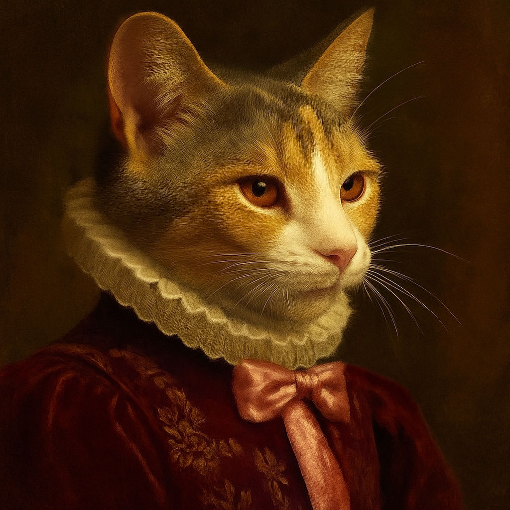 A close-up photo of a curious cat wearing a pink collar with a bow, looking intently out of a car window with a soft background of a parked car and some trees under a clear sky.