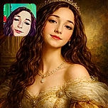 A stylized portrait of a young person with long wavy hair, looking gently at the camera with a subtle smile. The image has a cartoon-like filter applied, brightening the colors and smoothing facial features, set against a softly colored indoor background.