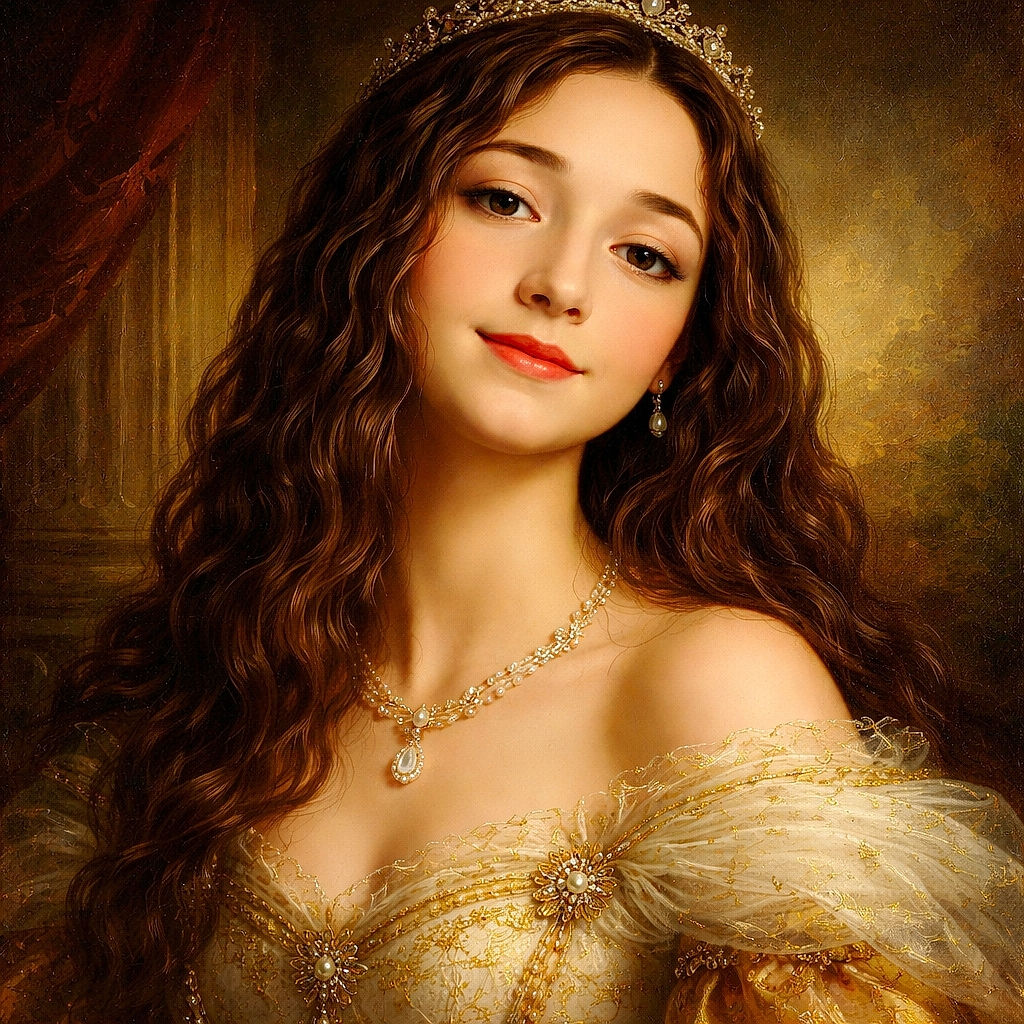 A stylized portrait of a young person with long wavy hair, looking gently at the camera with a subtle smile. The image has a cartoon-like filter applied, brightening the colors and smoothing facial features, set against a softly colored indoor background.