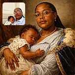 A serene moment captured between a calm adult wearing glasses and a peacefully sleeping baby nestled comfortably on their chest, set against a simple indoor background with a slightly worn wall.