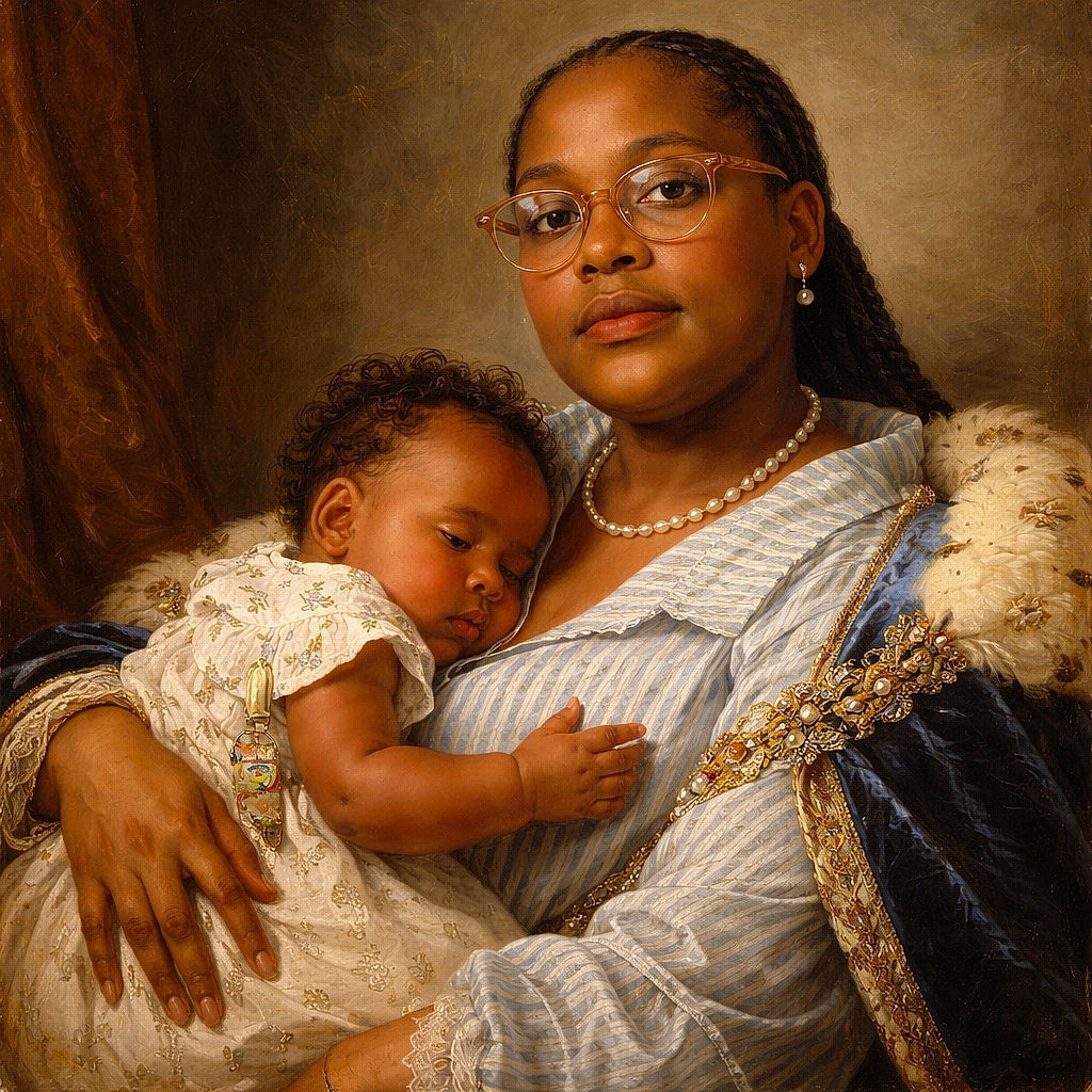 A serene moment captured between a calm adult wearing glasses and a peacefully sleeping baby nestled comfortably on their chest, set against a simple indoor background with a slightly worn wall.