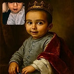 A close-up photo of a wide-eyed baby with a slightly open mouth, dressed in a cozy onesie, sitting comfortably against a beige cushioned background with a black strap visible, capturing an innocent and curious expression.