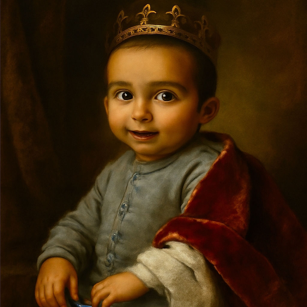 A close-up photo of a wide-eyed baby with a slightly open mouth, dressed in a cozy onesie, sitting comfortably against a beige cushioned background with a black strap visible, capturing an innocent and curious expression.
