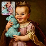 A joyful baby in a purple checkered outfit is gleefully clutching a soft blue stuffed bunny, with a background of a cozy blanket dotted with tiny hearts. The baby's smile is infectious, though the image is slightly blurry, capturing the candid delight of playtime.