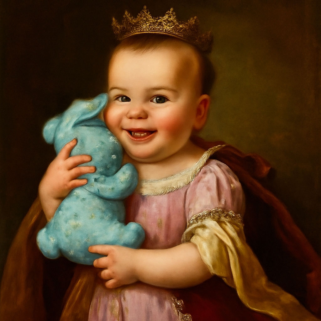 A joyful baby in a purple checkered outfit is gleefully clutching a soft blue stuffed bunny, with a background of a cozy blanket dotted with tiny hearts. The baby's smile is infectious, though the image is slightly blurry, capturing the candid delight of playtime.