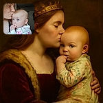 A tender moment captured as a woman gently kisses a curious baby with bright blue eyes, who is thoughtfully sucking on their fingers while wearing a floral outfit. The background is softly lit, focusing all attention on the sweet duo.