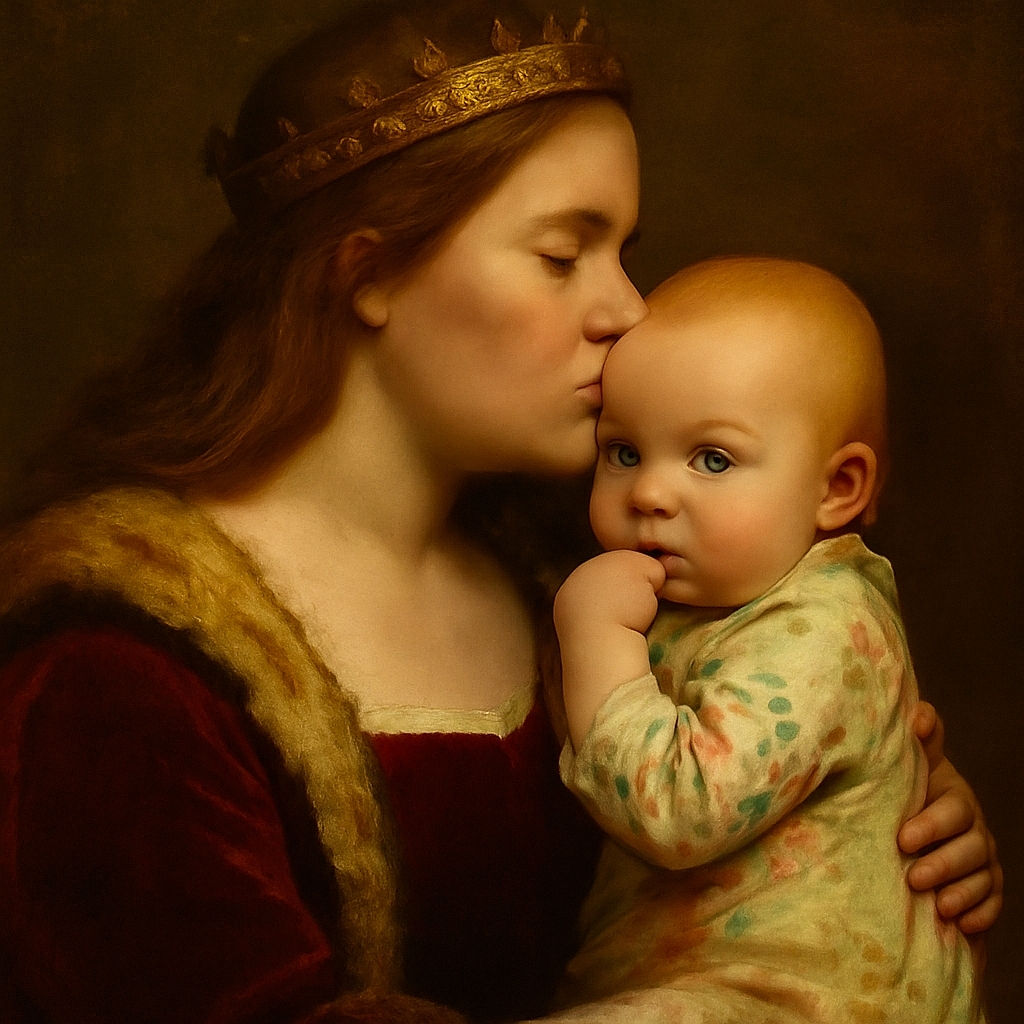 A tender moment captured as a woman gently kisses a curious baby with bright blue eyes, who is thoughtfully sucking on their fingers while wearing a floral outfit. The background is softly lit, focusing all attention on the sweet duo.