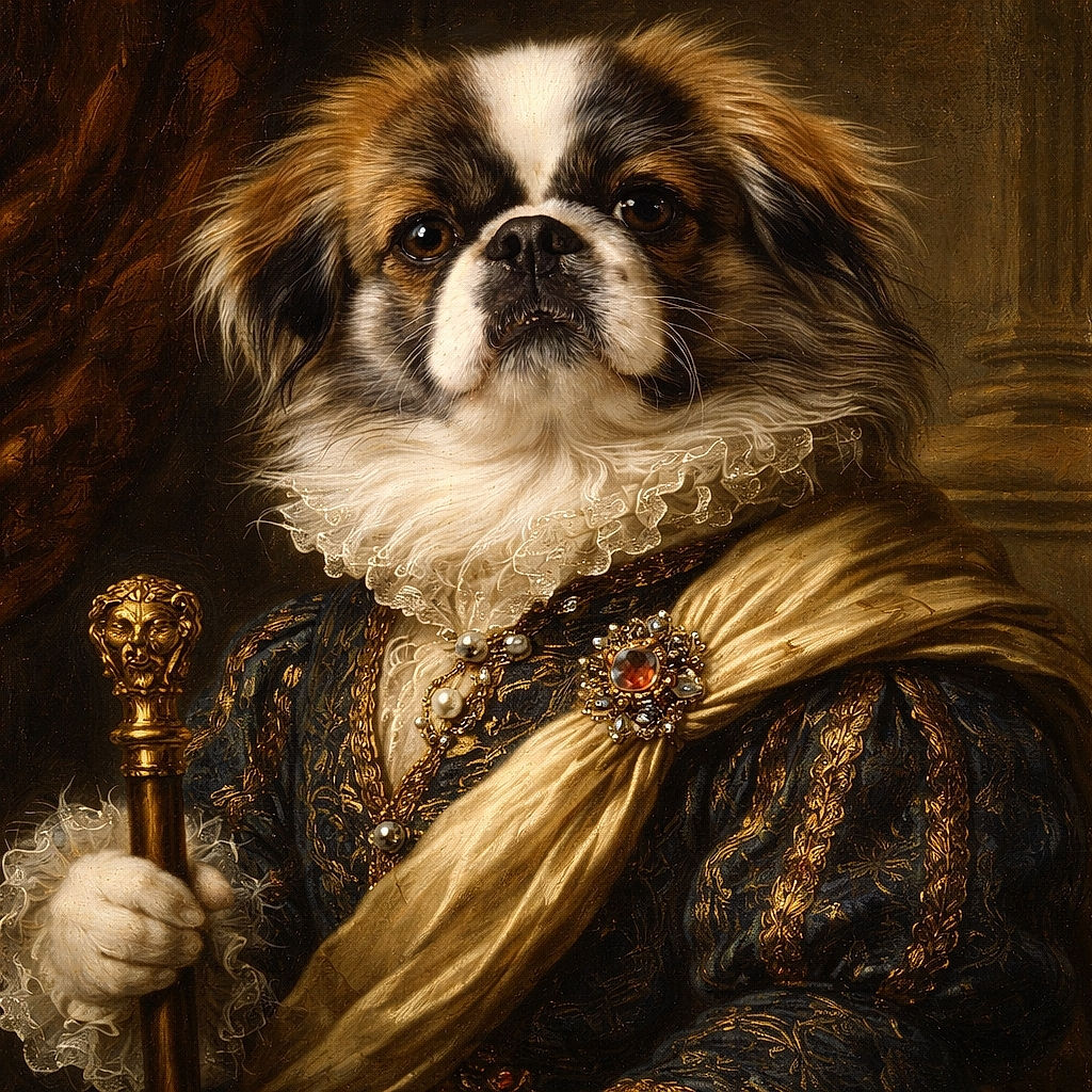 A fluffy dog with a majestic mane stares curiously at the camera, sitting on a patterned carpet that adds a cozy, homey vibe to the scene.