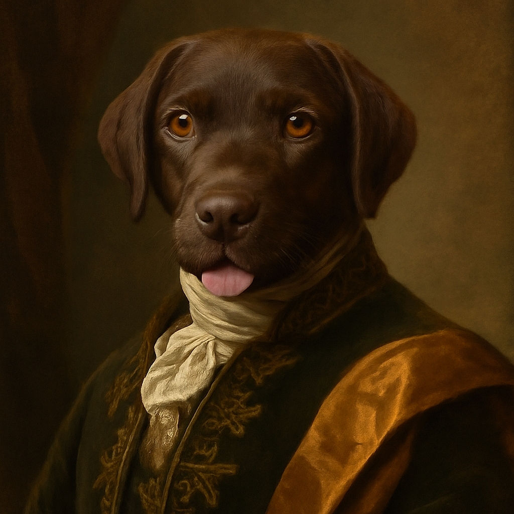 A charming chocolate brown puppy lies on a wooden floor, sticking its tongue out playfully. The photo is softly focused on the puppy's face, with a cozy indoor background featuring a piece of furniture.