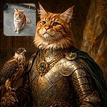 A fluffy orange and white cat sits attentively on a smooth concrete floor, looking directly at the camera with curious eyes. In the background, a modern wooden cabinet and a blue cat tunnel add a cozy indoor vibe.