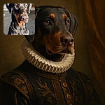 A majestic Doberman sits attentively in a sunlit room, its shiny black and tan coat glowing with the warmth of the light. The dog's expressive eyes and strong features are captured in sharp detail, showcasing a regal and calm demeanor.