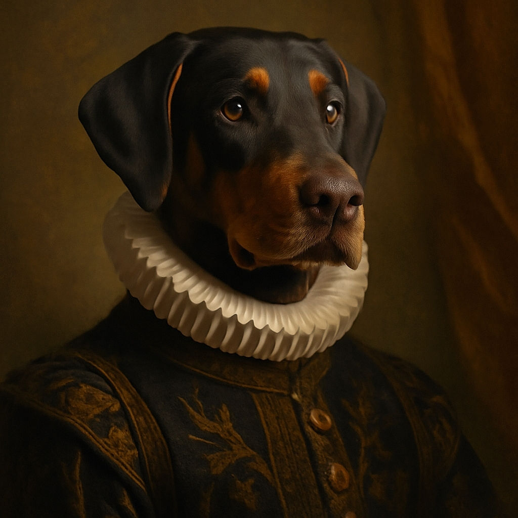 A majestic Doberman sits attentively in a sunlit room, its shiny black and tan coat glowing with the warmth of the light. The dog's expressive eyes and strong features are captured in sharp detail, showcasing a regal and calm demeanor.