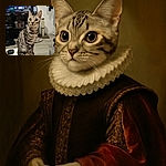 A wide-eyed tabby cat with striking stripes and a curious expression sits perched on a white table, with a cozy living room scene blurred in the background including a TV, shoes, and a scratching post.