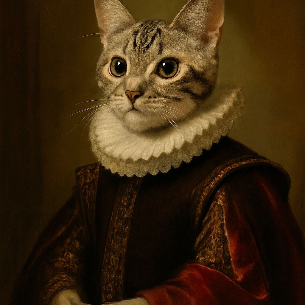 A wide-eyed tabby cat with striking stripes and a curious expression sits perched on a white table, with a cozy living room scene blurred in the background including a TV, shoes, and a scratching post.