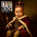 A curious baby with big eyes lounges comfortably in a cozy gray baby rocker, dressed in a white onesie, beige pants, and fluffy animal slippers, looking straight at the camera with a mix of wonder and innocence.