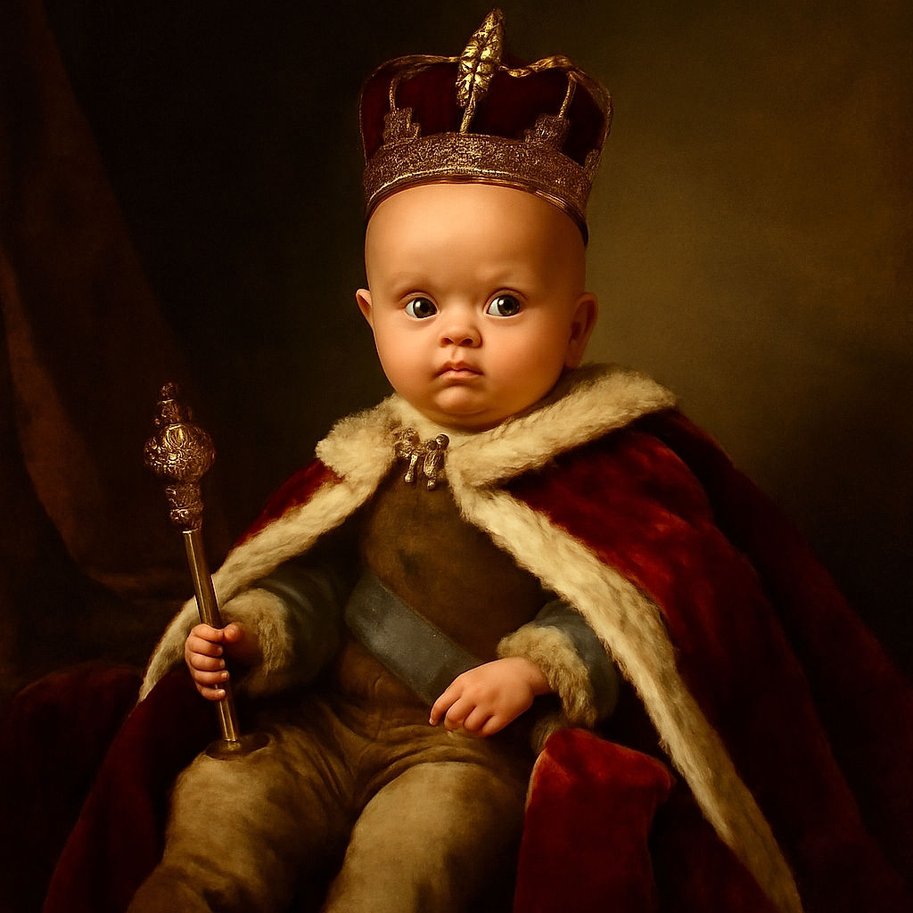 A curious baby with big eyes lounges comfortably in a cozy gray baby rocker, dressed in a white onesie, beige pants, and fluffy animal slippers, looking straight at the camera with a mix of wonder and innocence.