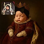 A peacefully sleeping baby bundled in a cozy black outfit with a cute cat face design, wearing white mittens and a big black bow headband, comfortably nestled in a car seat with soft padding and warning labels visible on the sides.