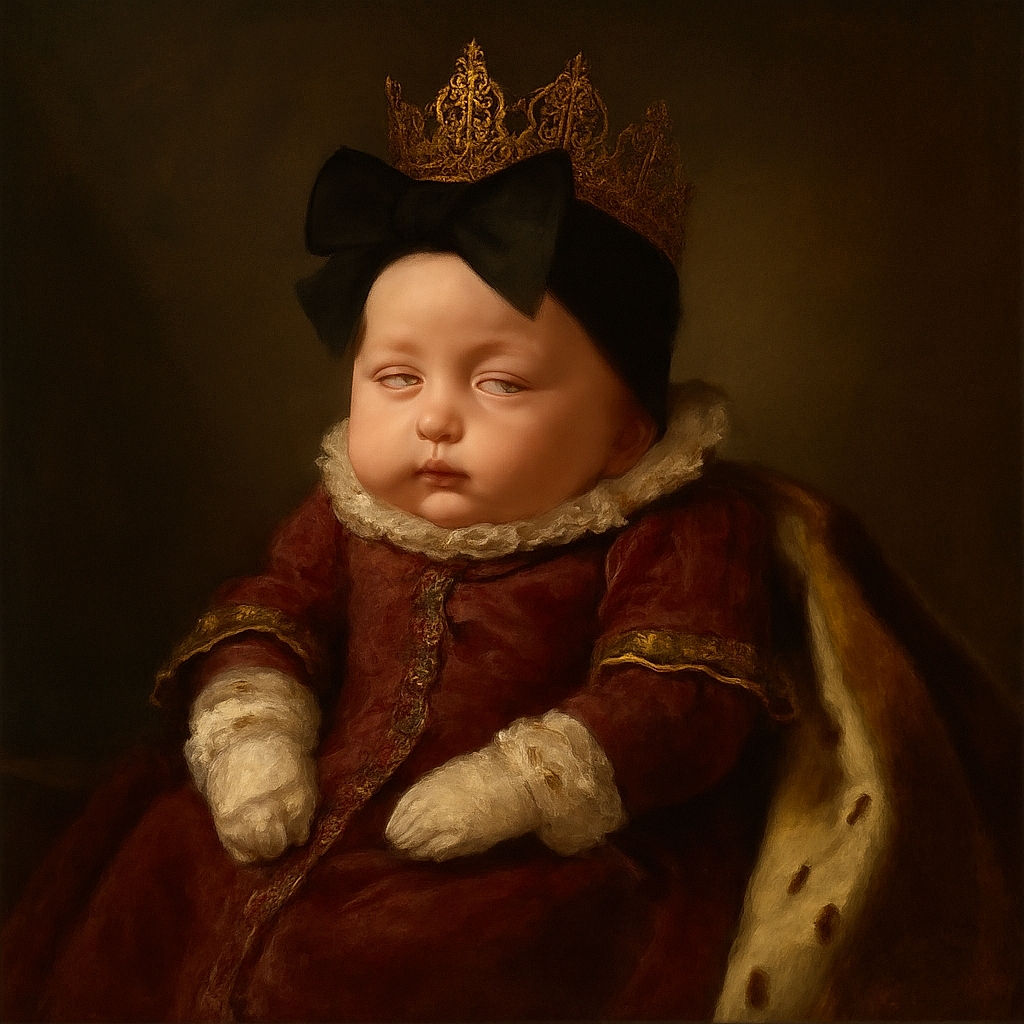 A peacefully sleeping baby bundled in a cozy black outfit with a cute cat face design, wearing white mittens and a big black bow headband, comfortably nestled in a car seat with soft padding and warning labels visible on the sides.