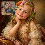 A cheerful young child with colorful hair curlers is lying on a patterned quilt, smiling brightly with a playful pose that shows off their joyful spirit and cozy surroundings.