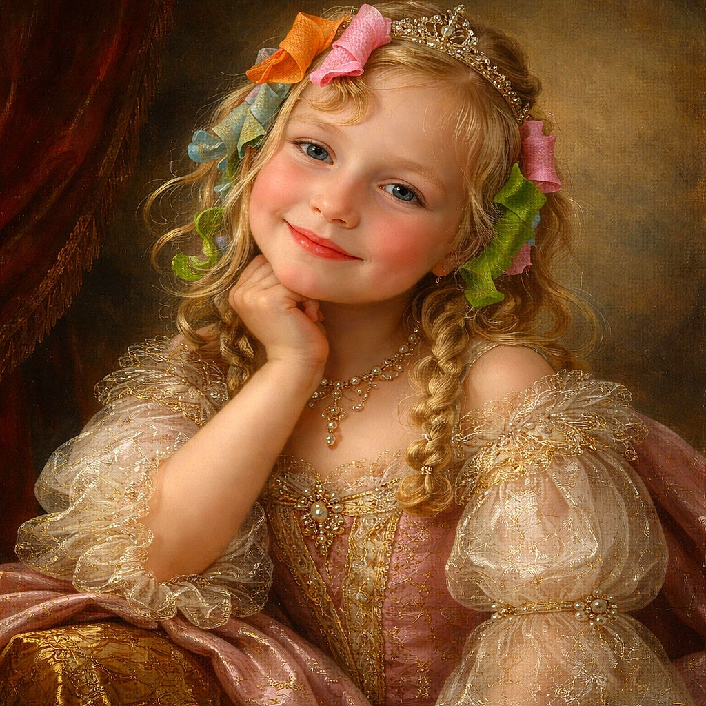 A cheerful young child with colorful hair curlers is lying on a patterned quilt, smiling brightly with a playful pose that shows off their joyful spirit and cozy surroundings.