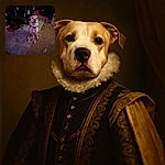 A well-behaved dog sits patiently on a rug in front of a decorated Christmas tree, with some scattered fluff on the floor hinting at recent mischief. The dim lighting and cozy setting add a warm holiday vibe, though the background shows a bit of clutter.