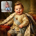 A chubby-cheeked baby with a playful tuft of hair smiles widely while sitting on a fluffy white chair, wearing blue shorts adorned with red lobsters. Behind the baby, a wooden sign partially visible reads 'four months,' marking a joyful milestone.