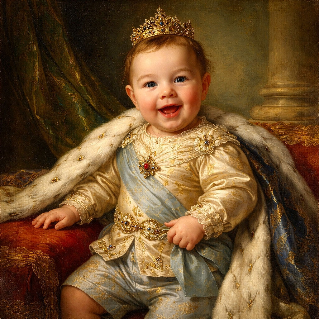 A chubby-cheeked baby with a playful tuft of hair smiles widely while sitting on a fluffy white chair, wearing blue shorts adorned with red lobsters. Behind the baby, a wooden sign partially visible reads 'four months,' marking a joyful milestone.