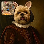 A cozy indoor scene where a fluffy dog wearing a bib and cute ear headband sits at a table with snacks, drinks, and a lit candle in the foreground, while a smiling woman with a tattoo looks on warmly, creating a charming and relaxed atmosphere.