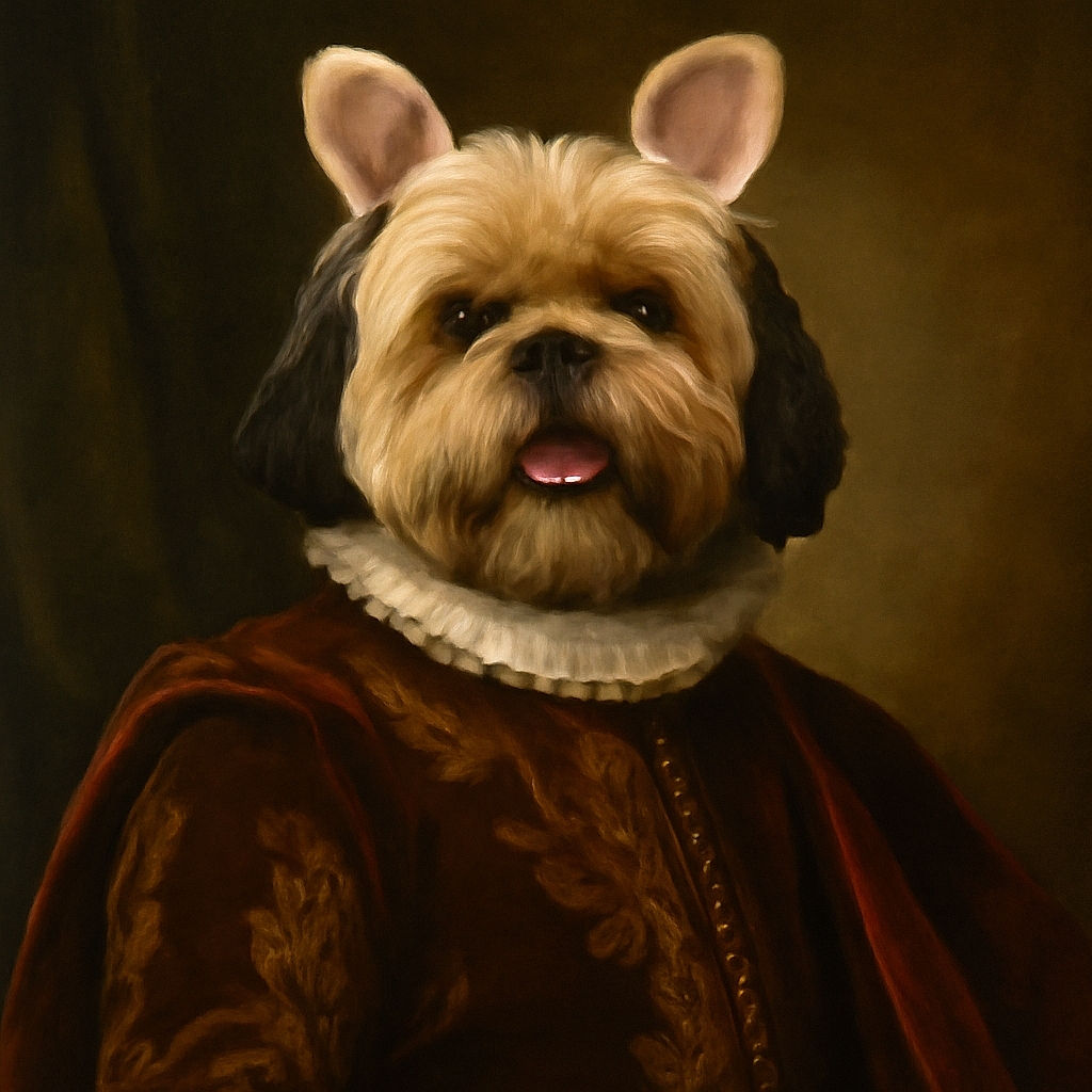 A cozy indoor scene where a fluffy dog wearing a bib and cute ear headband sits at a table with snacks, drinks, and a lit candle in the foreground, while a smiling woman with a tattoo looks on warmly, creating a charming and relaxed atmosphere.