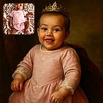 A joyful baby in a pink floral onesie lies on a cozy patterned blanket, mouth open in a happy expression, capturing pure early-life delight.