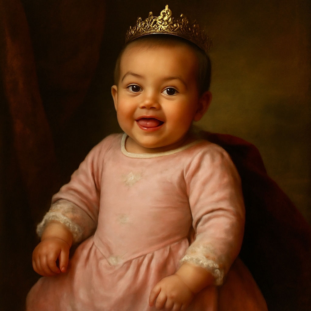 A joyful baby in a pink floral onesie lies on a cozy patterned blanket, mouth open in a happy expression, capturing pure early-life delight.