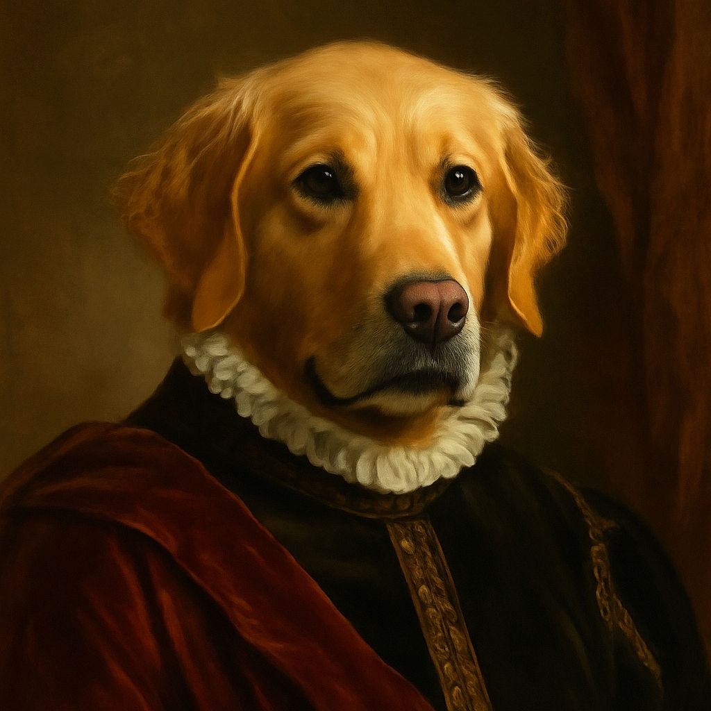 A golden retriever lounges comfortably on a leather couch, gazing sideways with a slightly suspicious or contemplative expression. The background shows a softly lit room with window blinds and sheer curtains, creating a cozy indoor atmosphere.