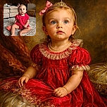 A curious toddler in a bright pink dress sits on a patterned rug, gazing upwards with wide blue eyes. The cozy living room background features a beige couch, a wicker basket, and a sippy cup lying nearby, capturing a candid moment of childhood wonder.