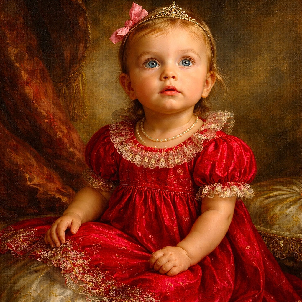 A curious toddler in a bright pink dress sits on a patterned rug, gazing upwards with wide blue eyes. The cozy living room background features a beige couch, a wicker basket, and a sippy cup lying nearby, capturing a candid moment of childhood wonder.