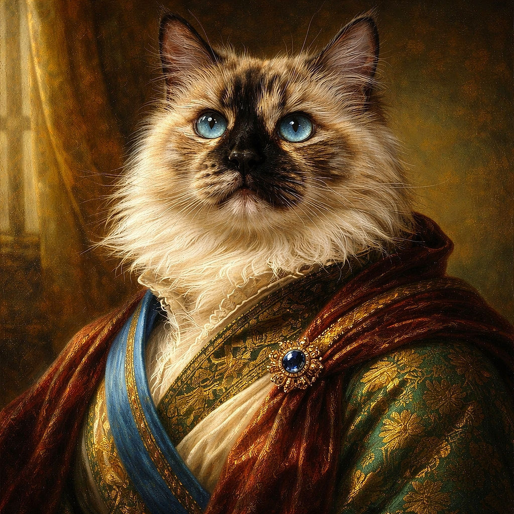 A fluffy cat with mesmerizing blue eyes stares curiously into the camera, its soft fur blending beautifully with the cozy knitted blanket beneath it. The background is a bit cluttered but the cat's face takes center stage with its adorable whiskers and gentle expression.