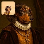 A charming dachshund puppy wearing a playful lemon-themed bead necklace poses against a smooth, warm beige background, looking off to the side with curious, shiny eyes and a slight smile, radiating adorable confidence.