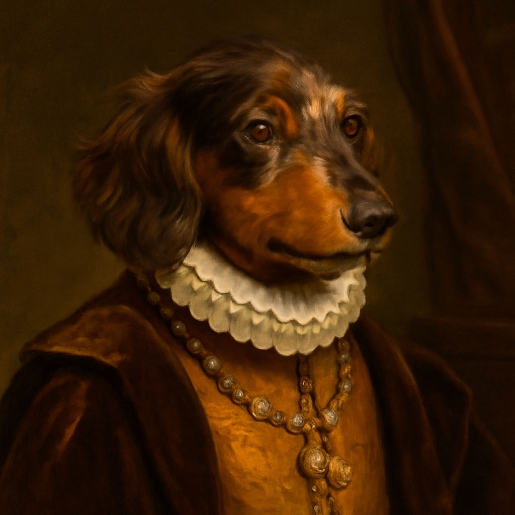 A charming dachshund puppy wearing a playful lemon-themed bead necklace poses against a smooth, warm beige background, looking off to the side with curious, shiny eyes and a slight smile, radiating adorable confidence.